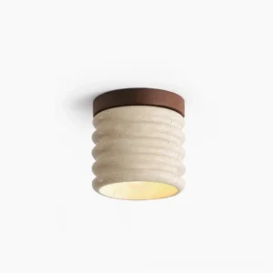 Travertine ceiling lamp with ribbed texture, beige and walnut finish, frontal studio view