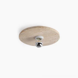 Travertine flush mount ceiling light - overhead flat lay detail showing natural stone porous texture and organic surface variation