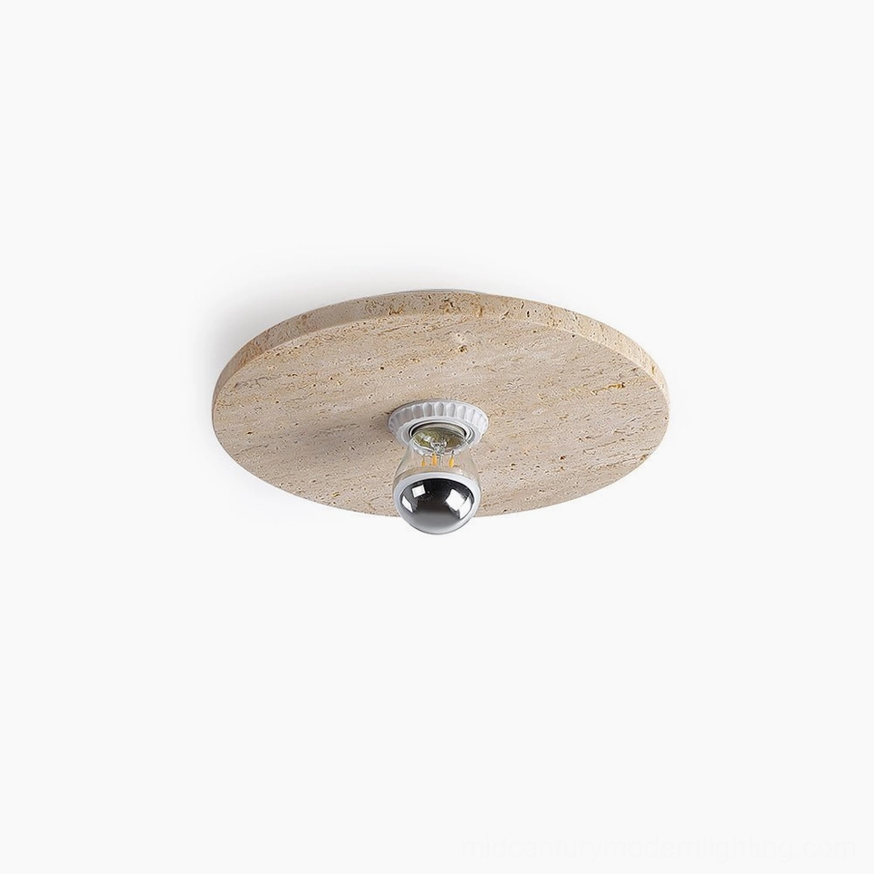 Travertine flush mount ceiling light - overhead flat lay detail showing natural stone porous texture and organic surface variation