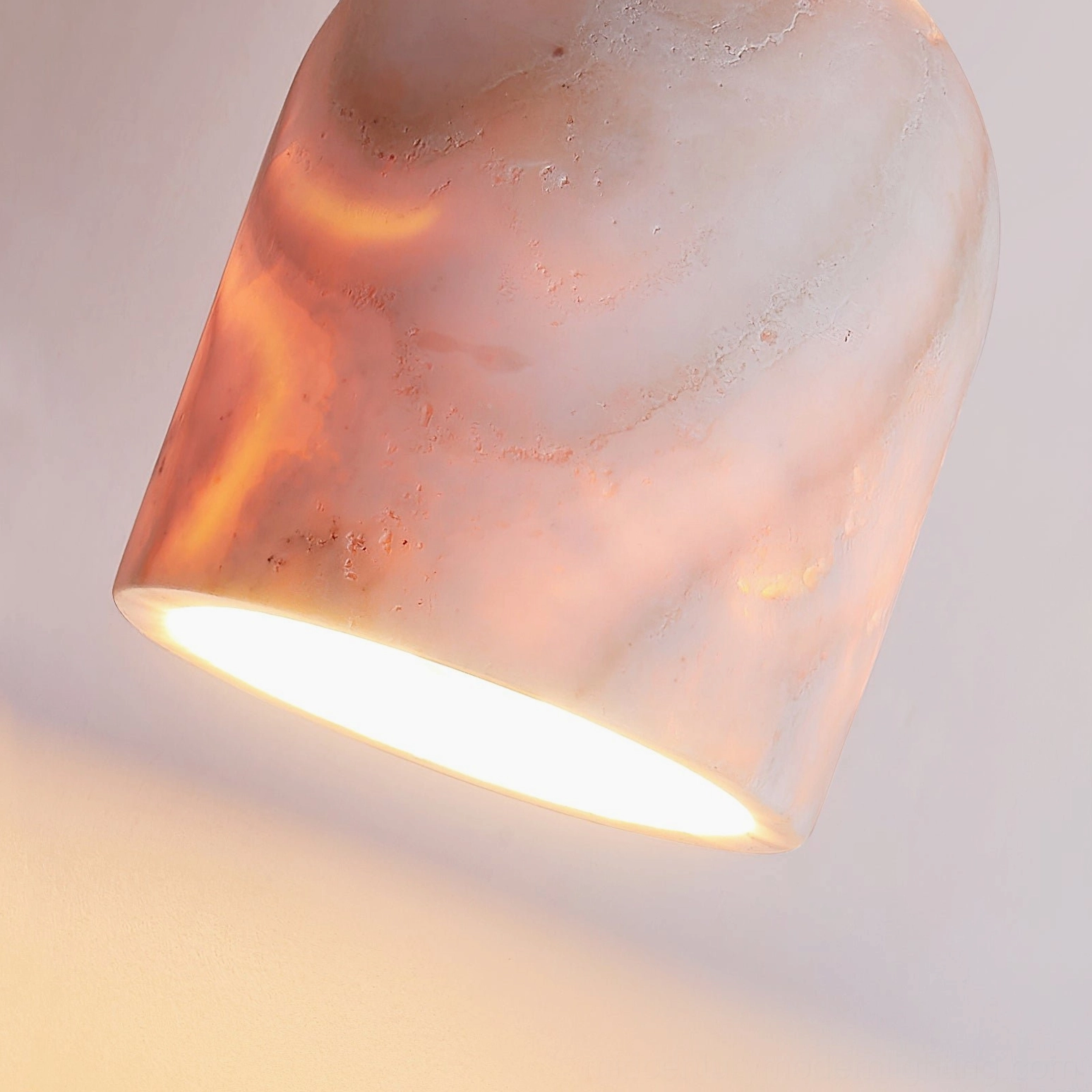 Travertine ceiling lamp full view with natural wood base and stone shade, mid-century modern pendant design