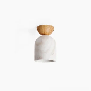 Travertine ceiling lamp with natural wood mount on white background, front view showcasing minimalist mid-century modern design