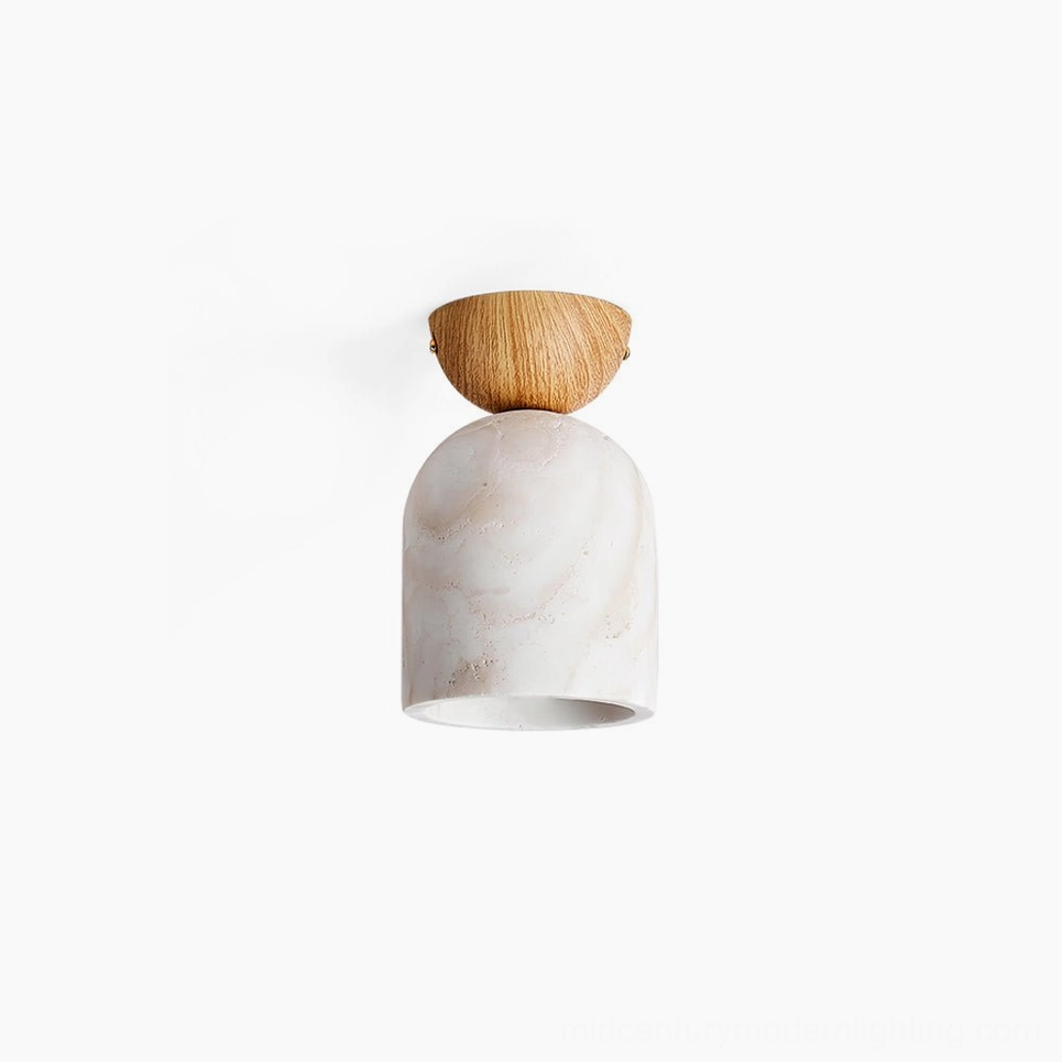 Travertine ceiling lamp with natural wood mount on white background, front view showcasing minimalist mid-century modern design