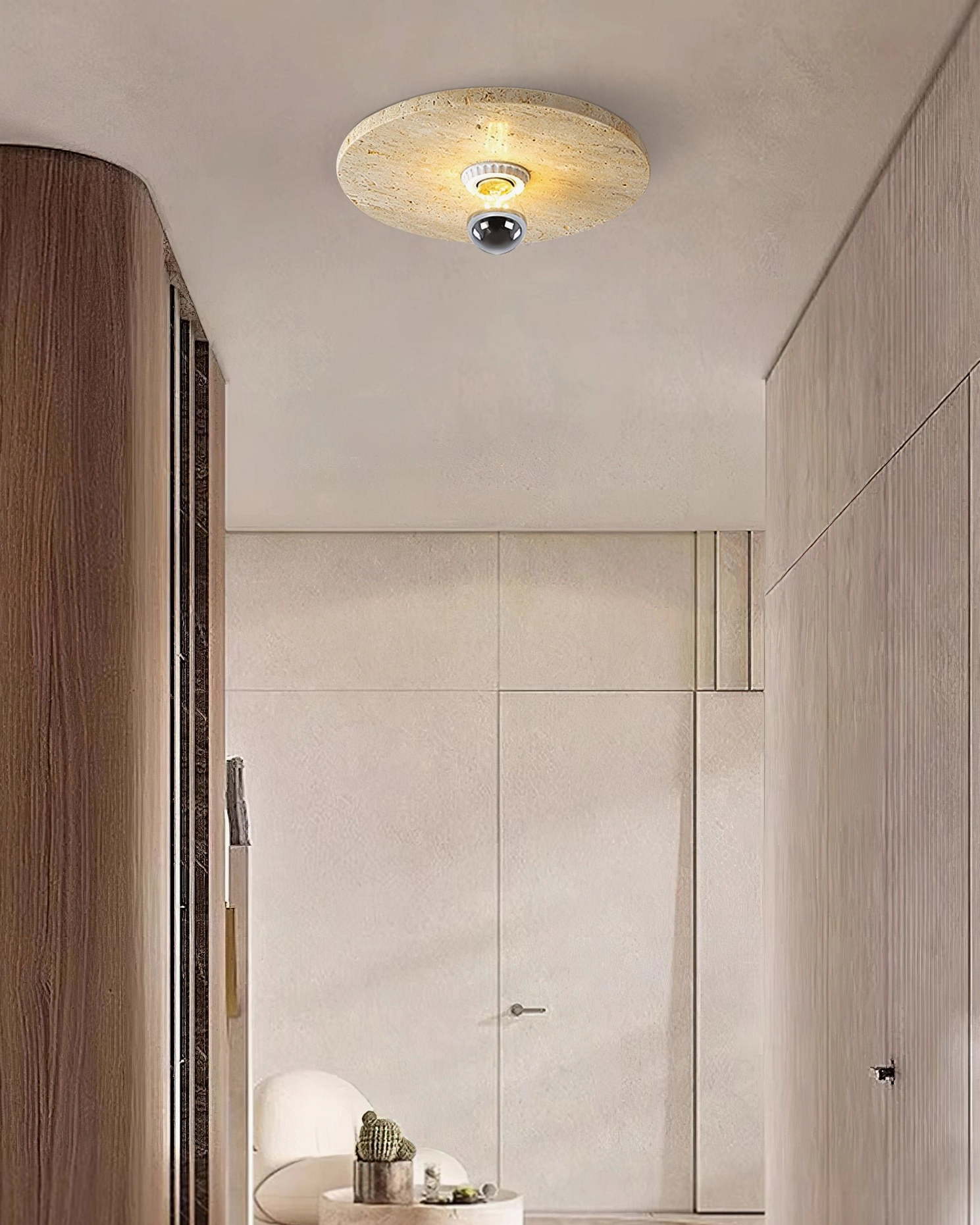 Travertine stone ceiling light fixture side profile flush mount installation minimalist design