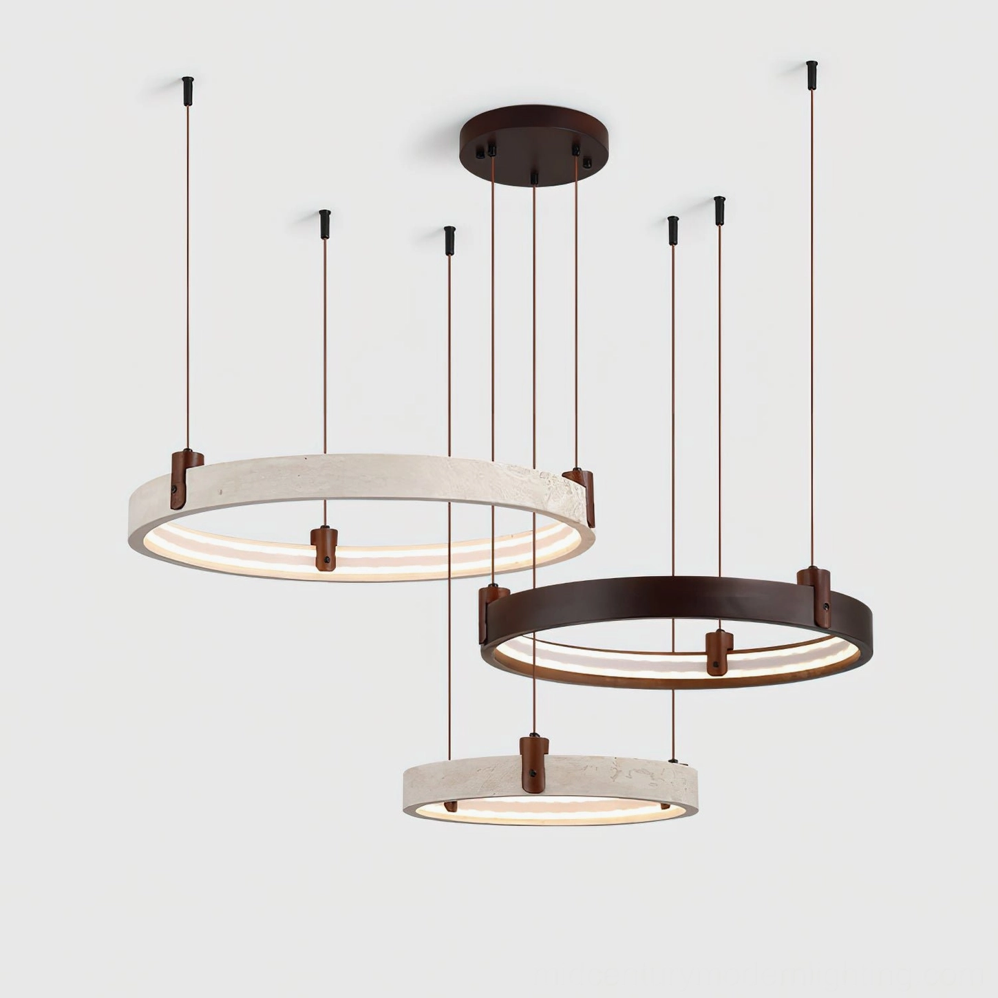 Two-head and three-head travertine chandelier options displayed showing size and configuration variations