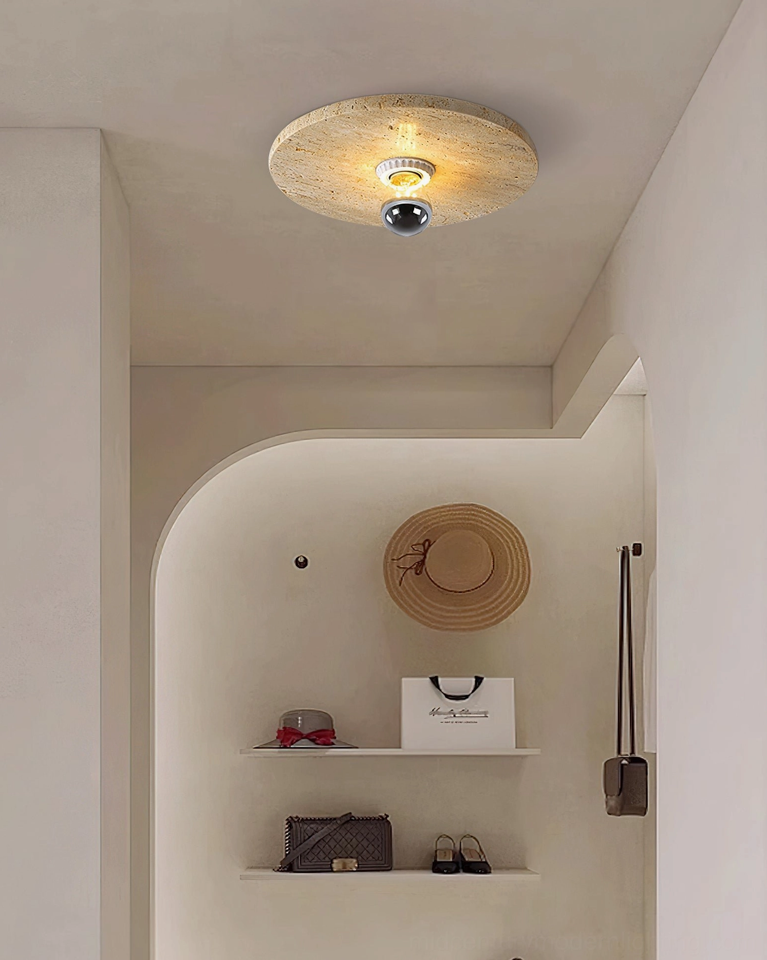 Natural travertine ceiling lamp architectural detail showing flush mount profile and organic stone texture