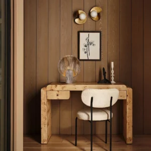 Travertine stone table lamp in minimalist wood-paneled home study creating warm ambient light