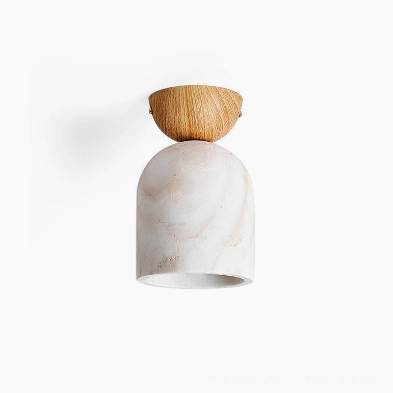 Travertine ceiling lamp variant with natural wood color mount and white travertine shade, product showcase