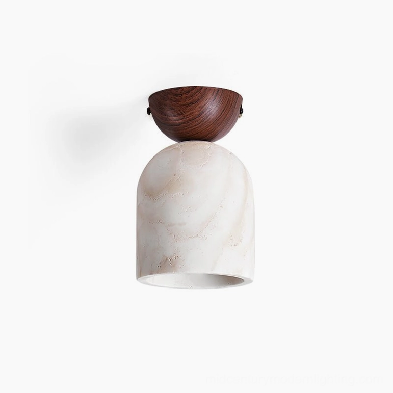 Travertine ceiling lamp with walnut wood mount and white stone shade, mid-century modern style lighting