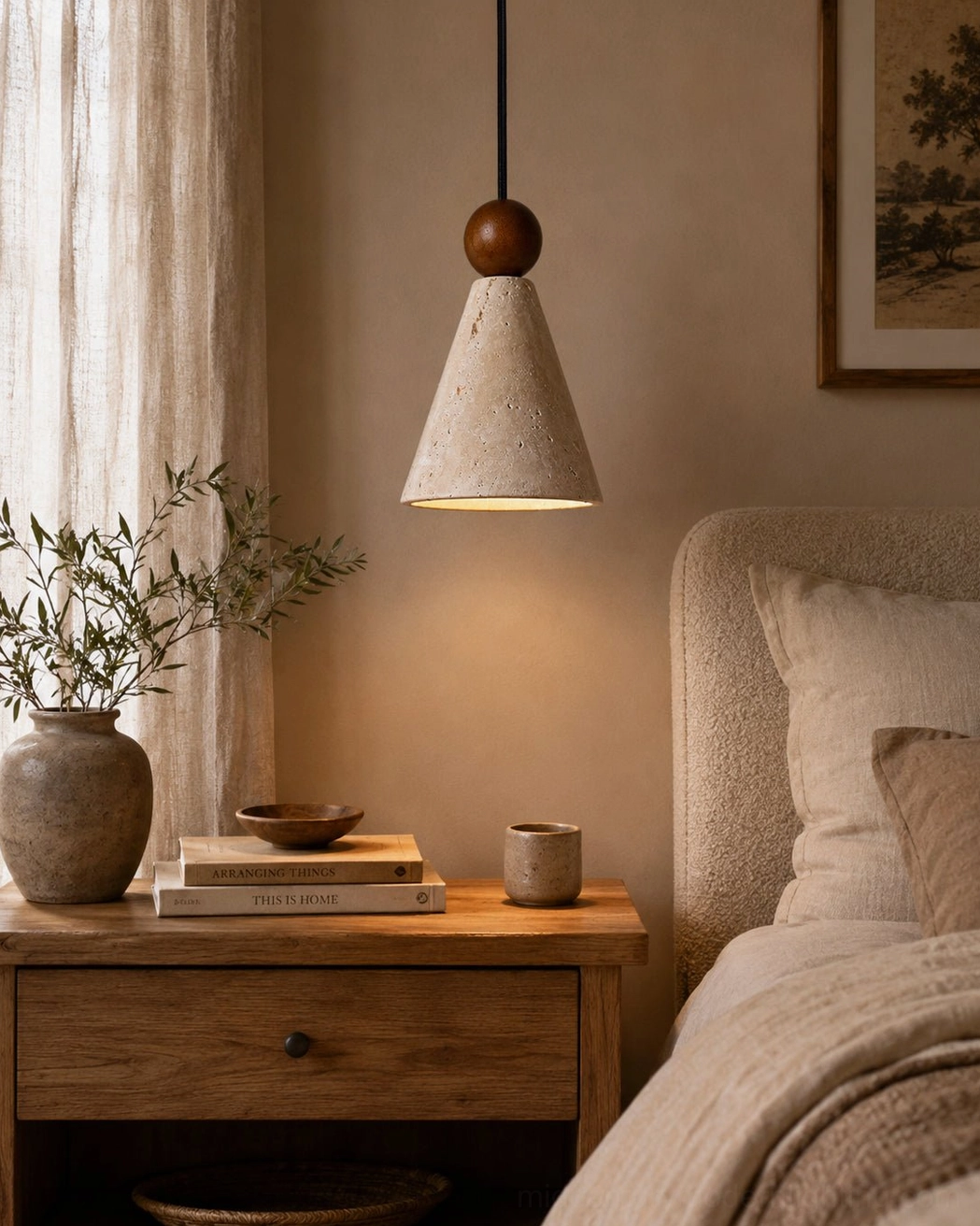 Canyon travertine pendant casting warm light in cozy bedroom bedside setting with wabi-sabi aesthetics