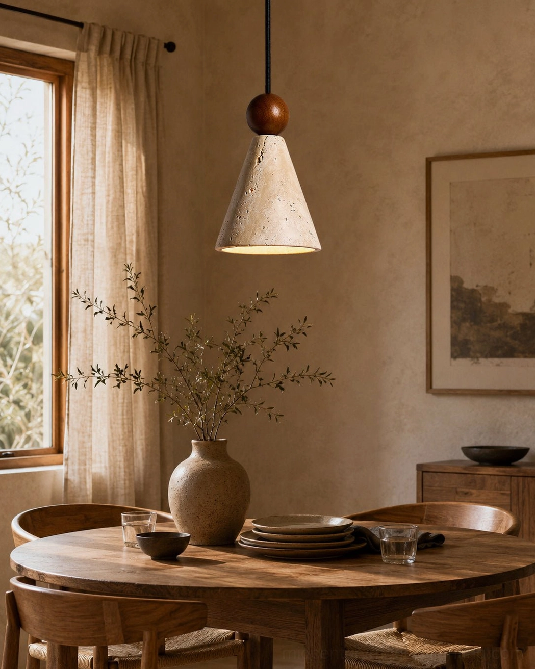 Natural stone cone pendant light suspended above vintage dining room wooden furniture and table