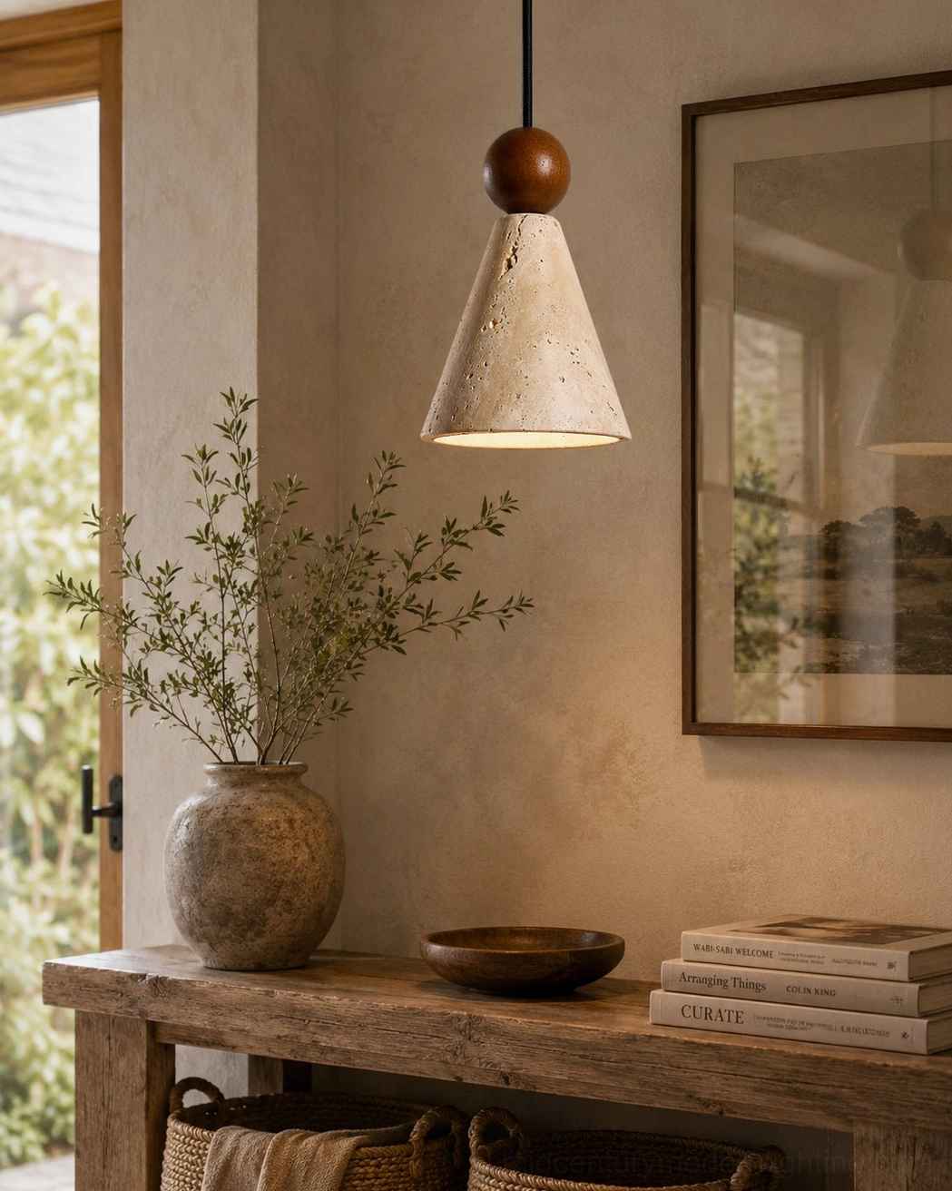 Modern travertine pendant light above console table with plant and wall art in minimalist entryway