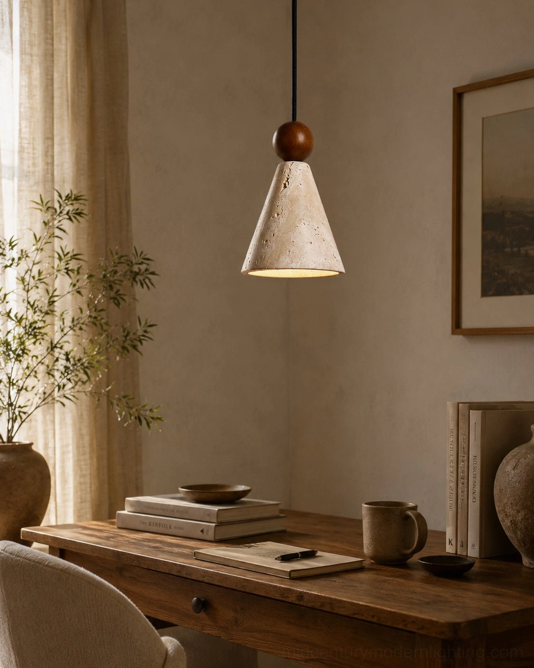 Canyon natural stone pendant light illuminating home office desk space with warm neutral styling