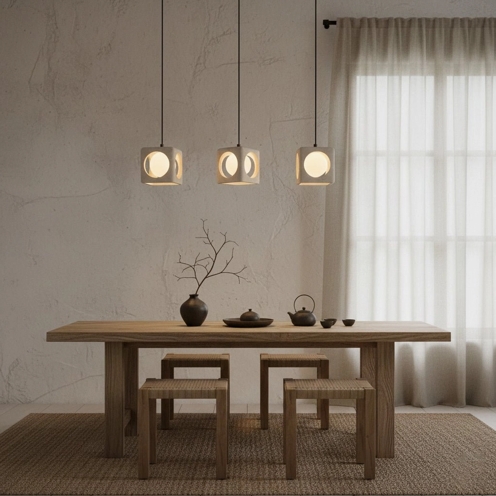 Triple head travertine pendant light cluster in rustic minimalist dining room wabi-sabi aesthetic