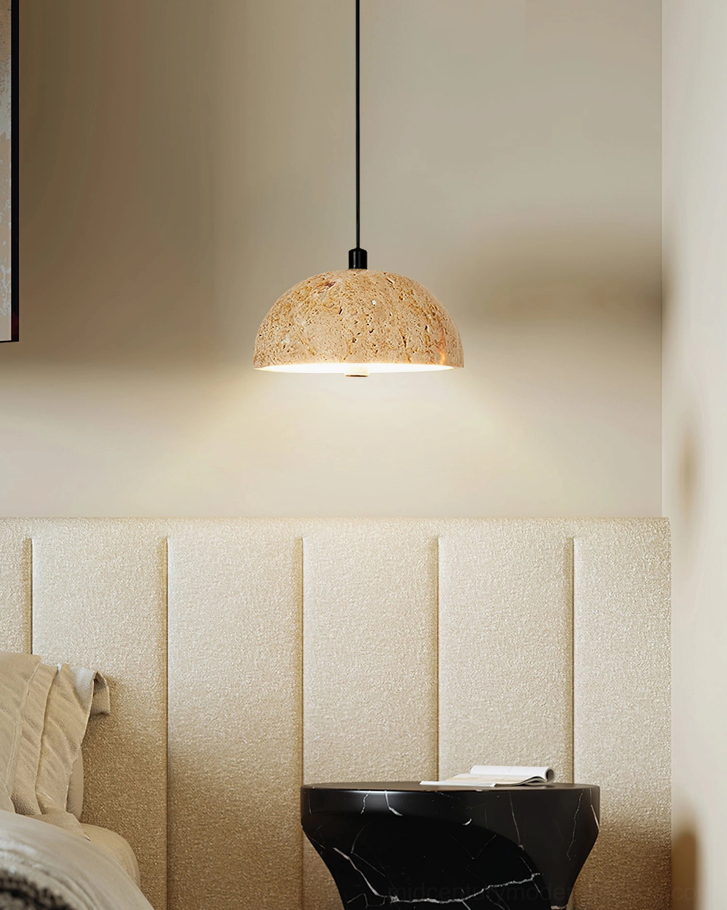 Morphe stone pendant light bedroom side view above upholstered headboard