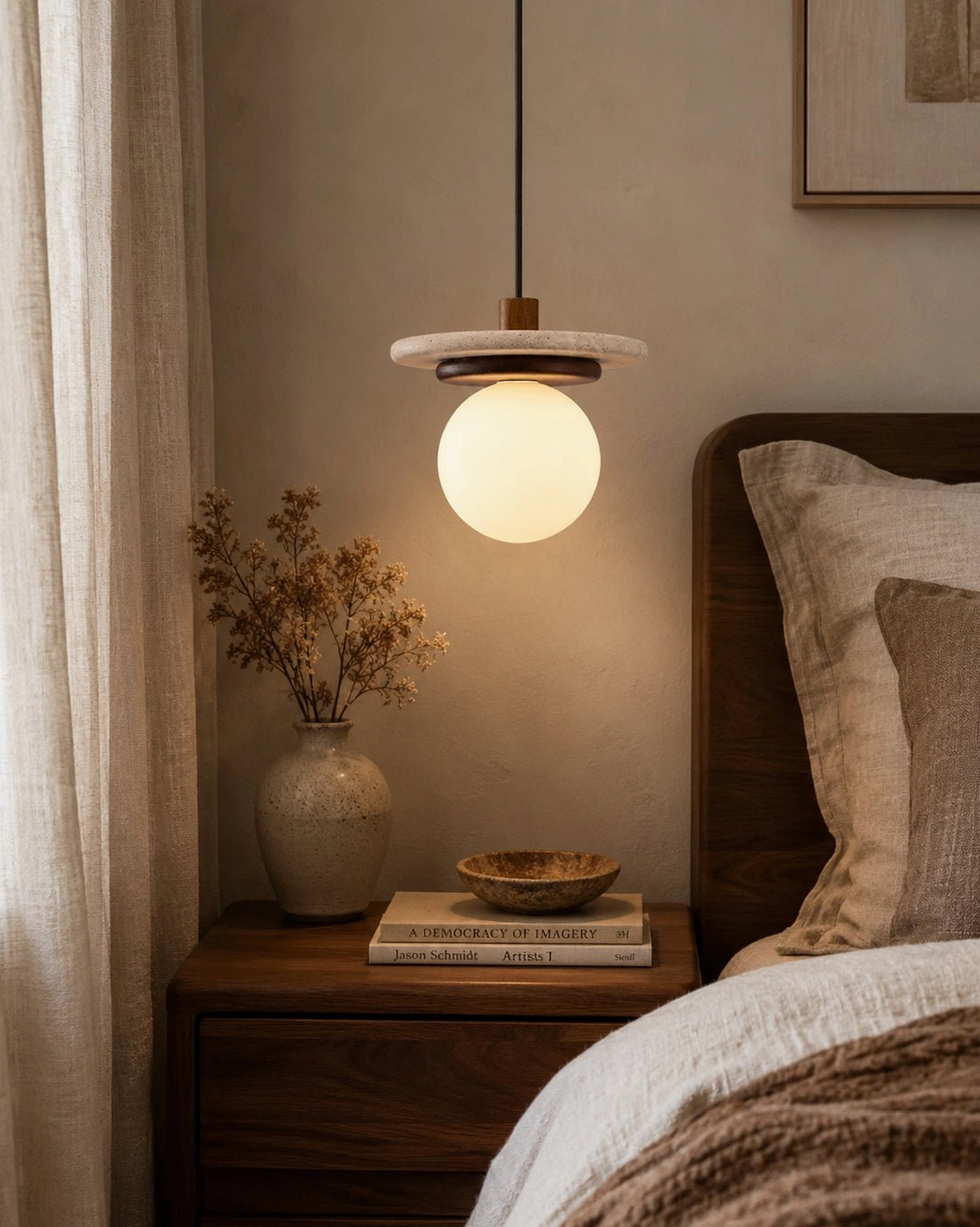 Travertine pendant light installed as bedside fixture above wooden nightstand in warm minimalist bedroom
