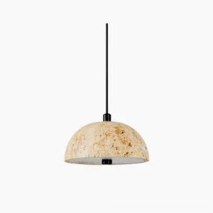 Morphe travertine dome pendant light front view studio shot warm beige stone