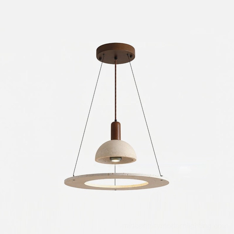 Travertine dome pendant light in beige and walnut finish - product variation showcase, mid-century modern lighting design