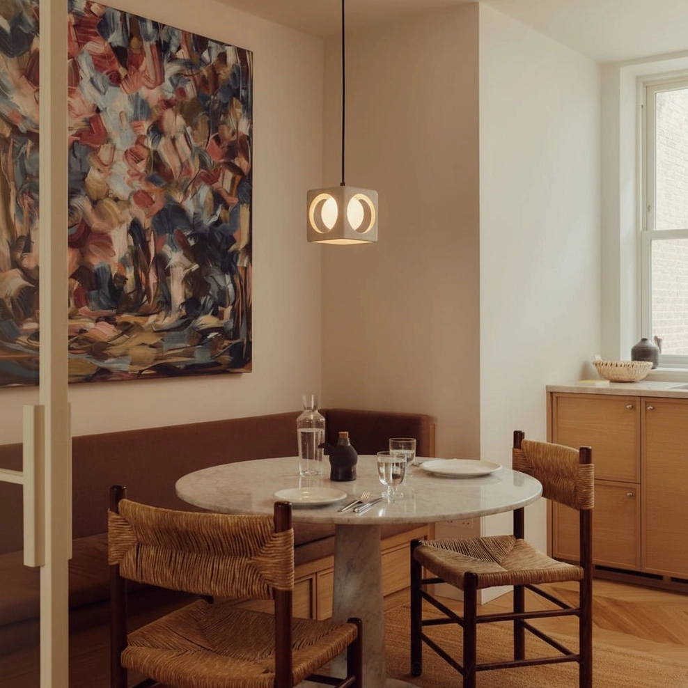 Travertine stone pendant light in modern warm dining room with abstract wall art and wooden cabinet