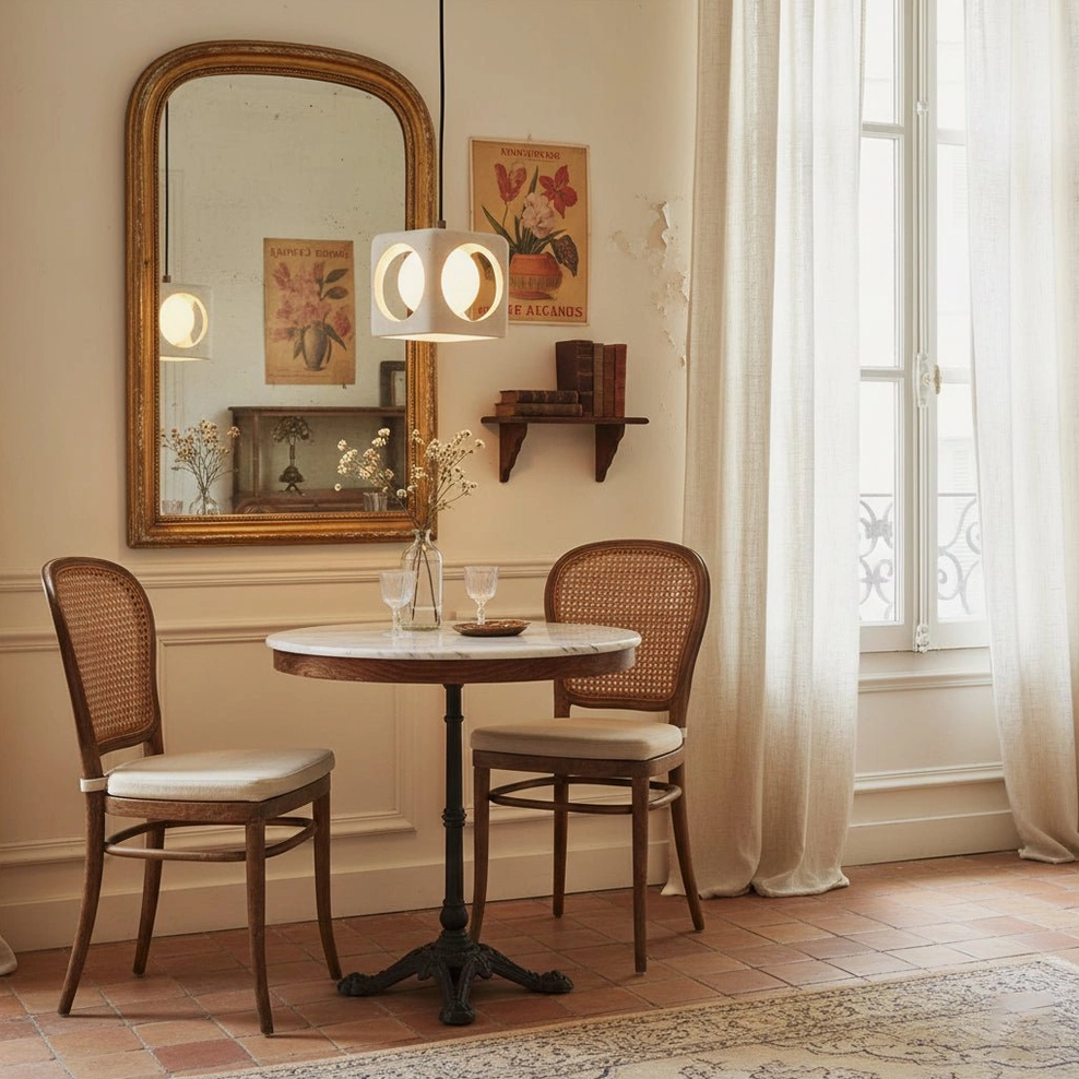 Single travertine pendant in French vintage style dining nook with rattan chairs and decorative wall mirror