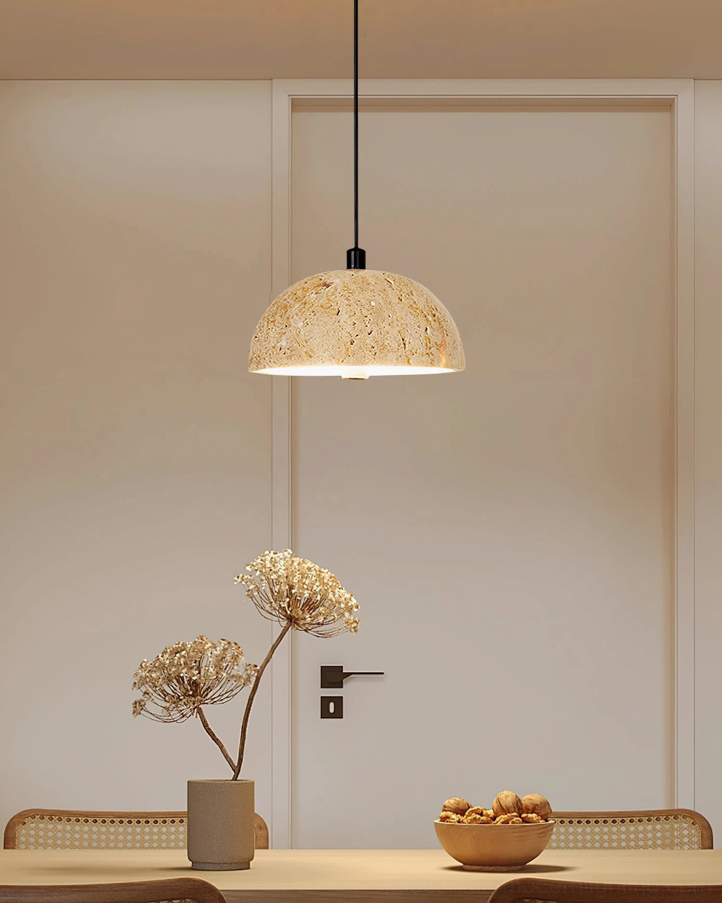 Morphe natural stone pendant light dining area with dried flowers interior styling