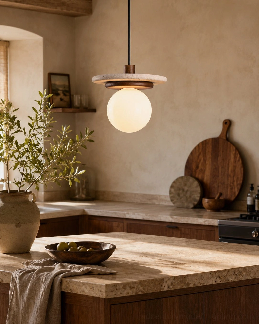 Single travertine pendant light hanging over farmhouse kitchen counter with potted plant and tableware