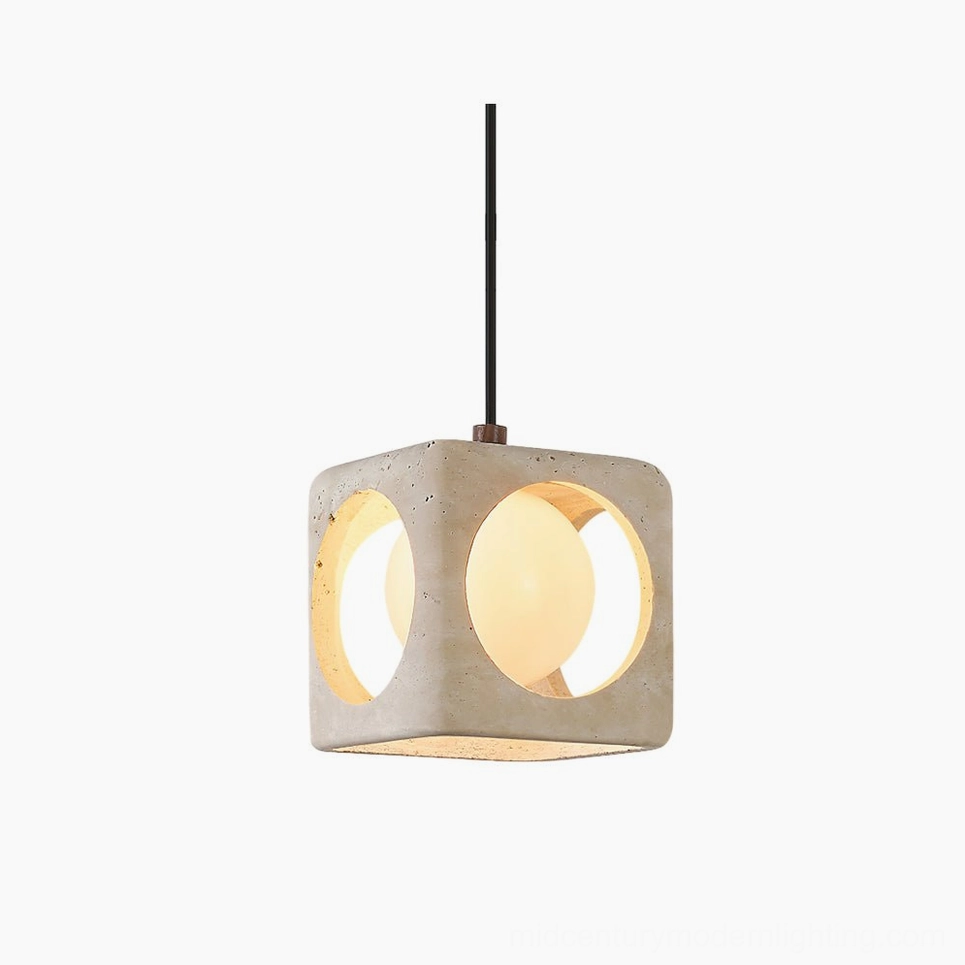 Beige travertine stone square pendant light with circular apertures casting architectural shadows, front studio view