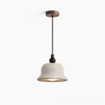 Travertine bell pendant light with walnut wood mount front view studio shot