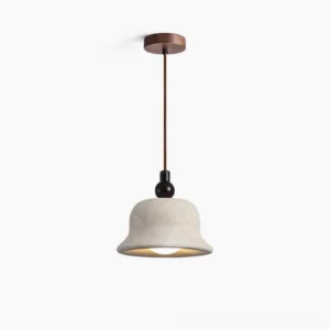 Travertine bell pendant light with walnut wood mount front view studio shot