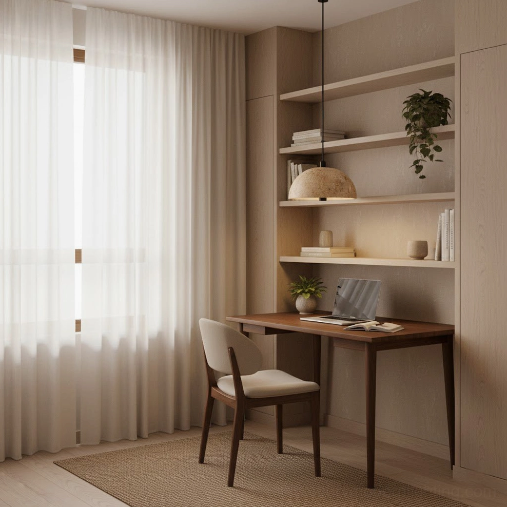 Morphe travertine pendant light in contemporary home office minimalist study space