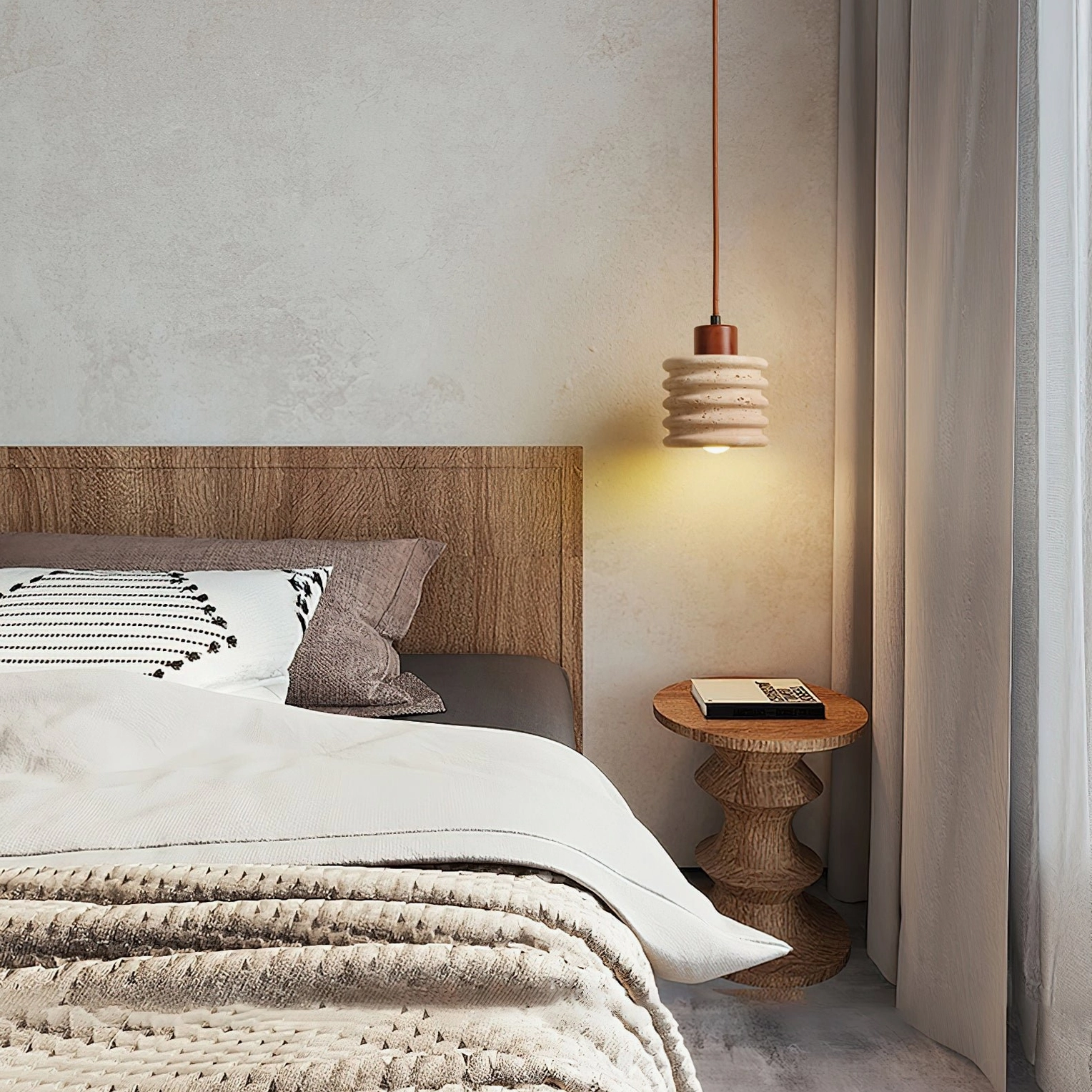 Luces travertine pendant in spacious master bedroom paired with wooden furniture and warm rustic decor