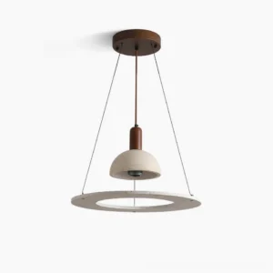 Travertine dome pendant light with walnut wood ring on white background, showcasing sculptural form and natural stone texture