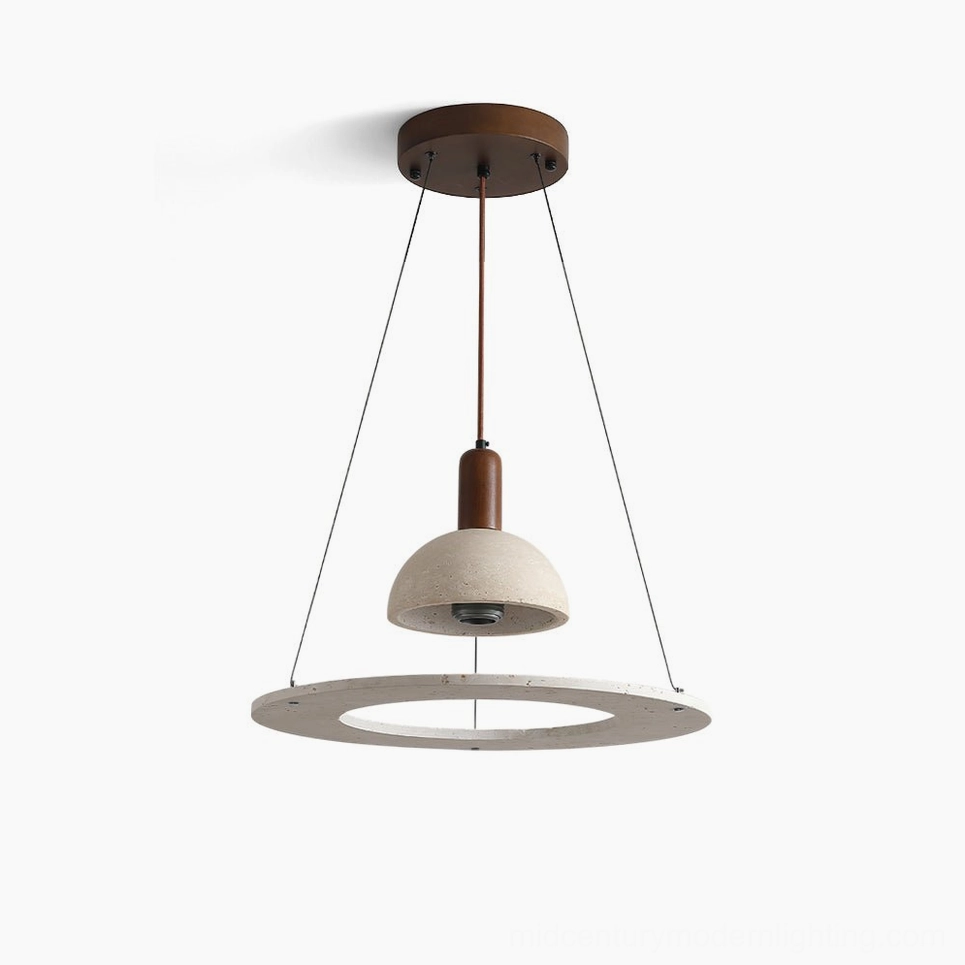Travertine dome pendant light with walnut wood ring on white background, showcasing sculptural form and natural stone texture