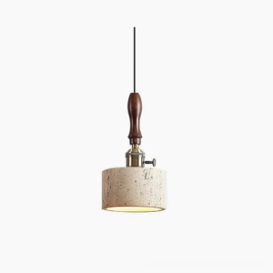 Travertine pendant light with walnut wood handle, front view showing porous stone texture and brass fixture
