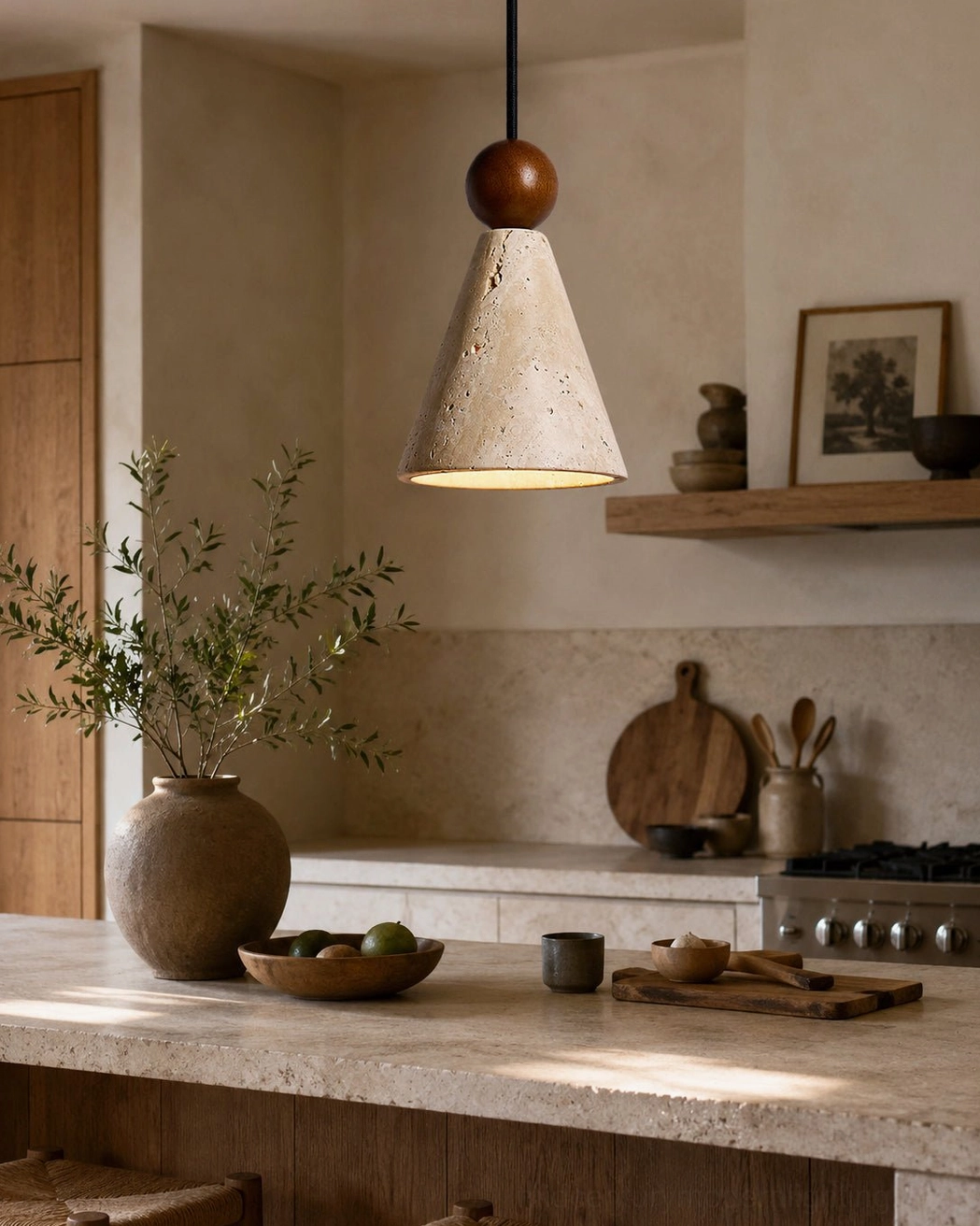 Travertine cone pendant light illuminated in rustic warm kitchen interior with stone and wood textures