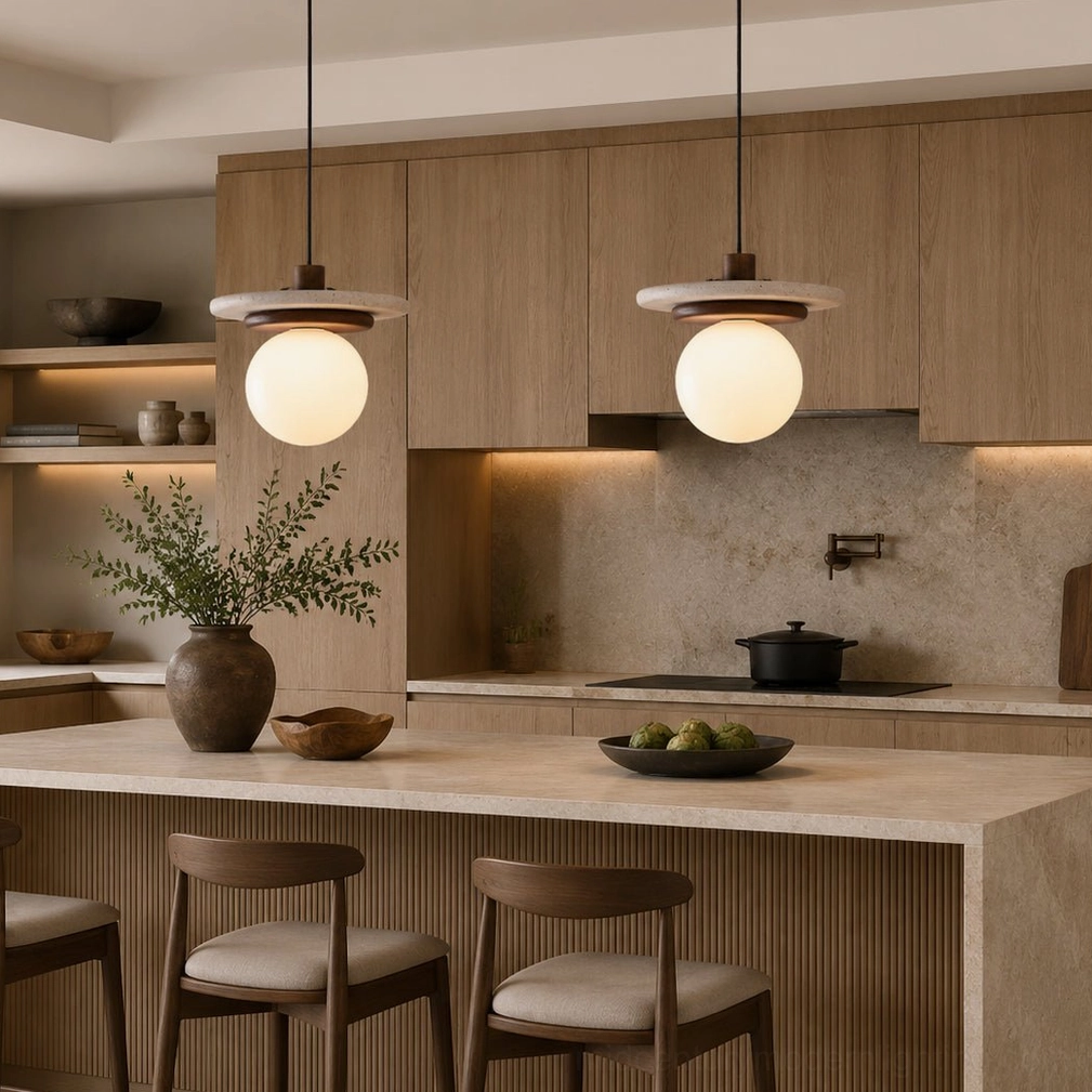 Dual travertine pendant lights installed above warm wooden kitchen island in minimalist modern kitchen