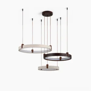 Overhead view of modern travertine ring chandelier with 2 and 3-head configurations displayed on white studio background, showcasing organic minimalist design