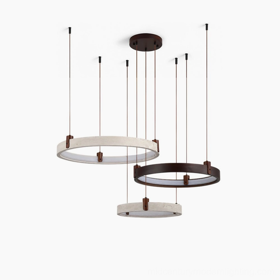 Overhead view of modern travertine ring chandelier with 2 and 3-head configurations displayed on white studio background, showcasing organic minimalist design