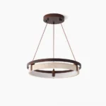 Travertine ring pendant light with circular metal frame and natural stone panel on white background, mid-century modern design