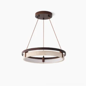 Travertine ring pendant light with circular metal frame and natural stone panel on white background, mid-century modern design