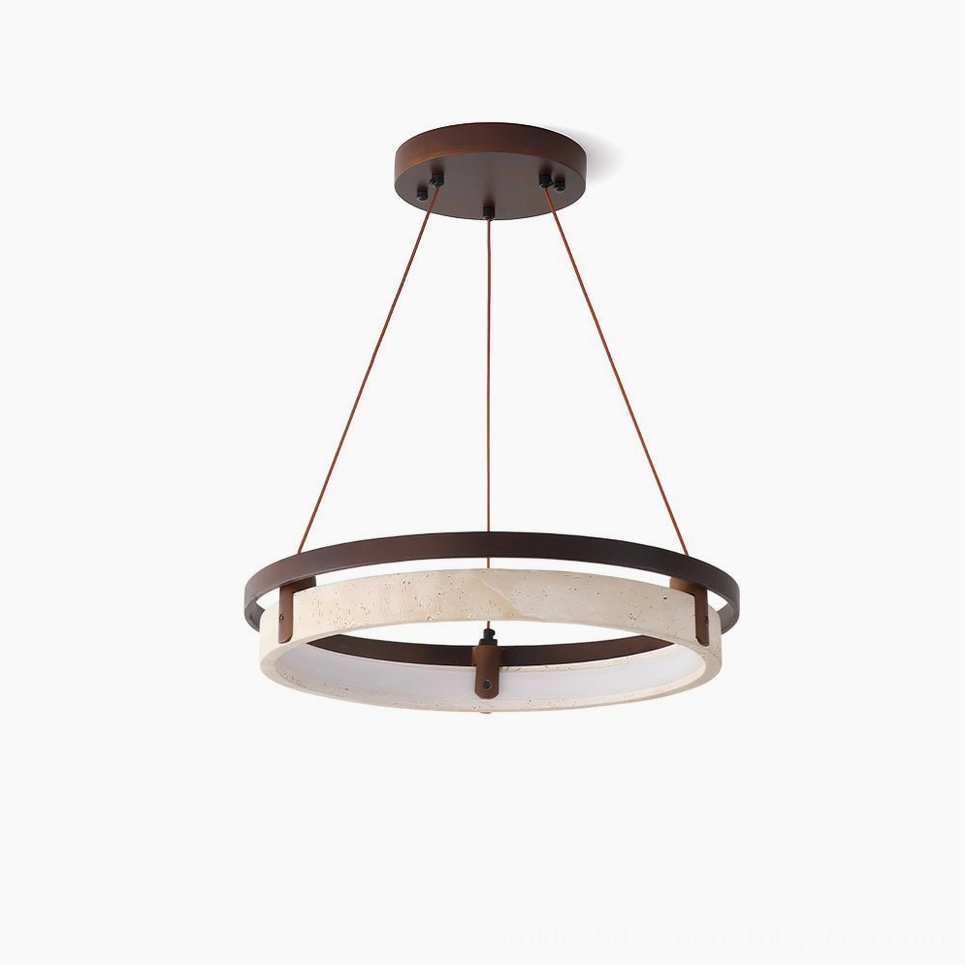 Travertine ring pendant light with circular metal frame and natural stone panel on white background, mid-century modern design