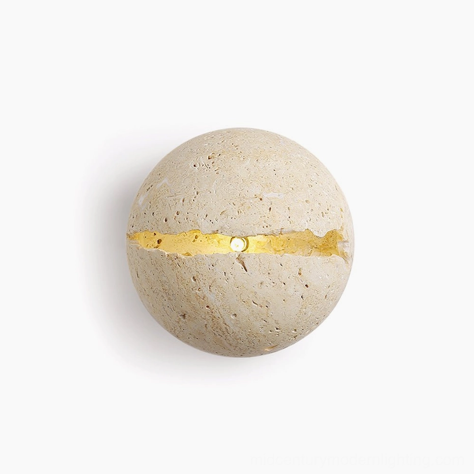 Travertine round wall sconce in natural beige finish, full product view showing circular minimalist design