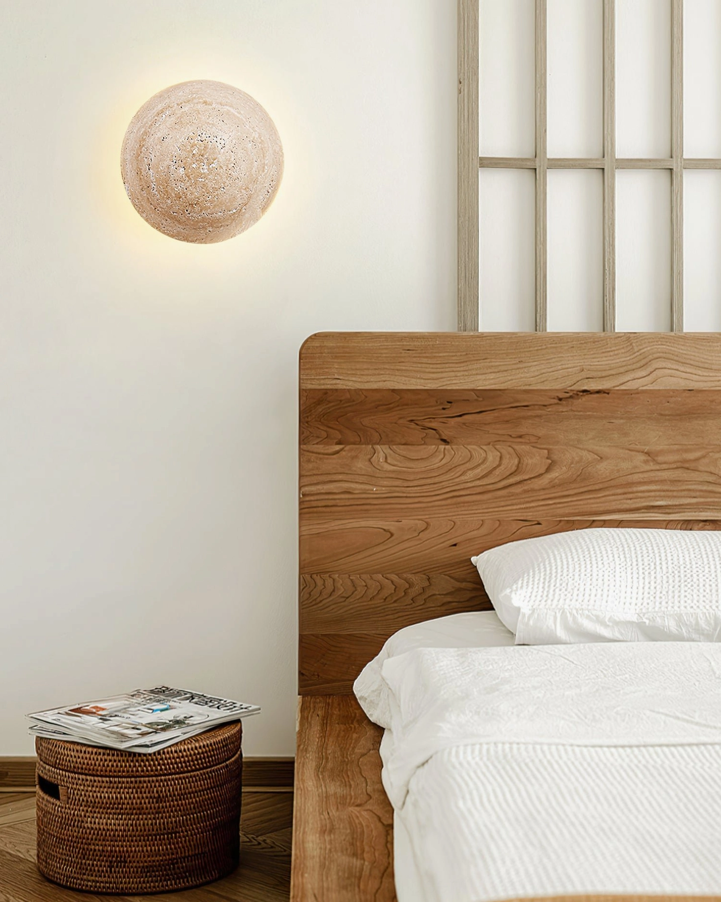 Yellow travertine wall lamp mounted above rattan storage bin in Scandinavian bedroom interior