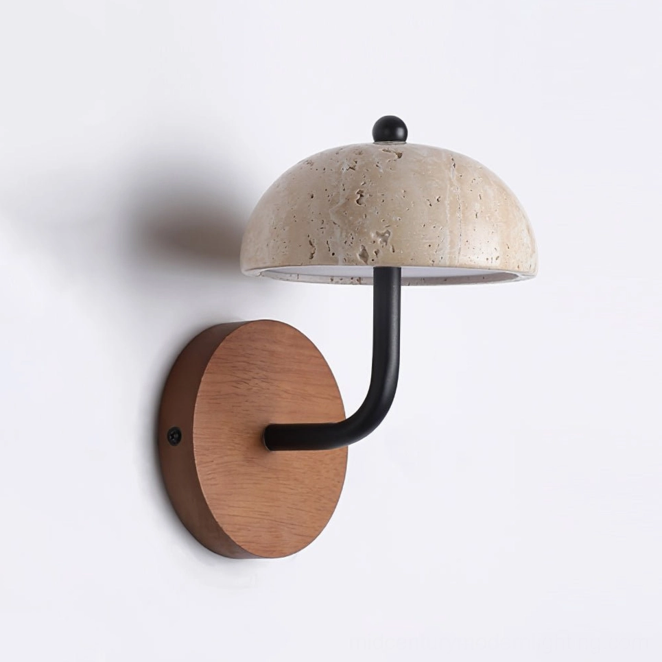 travertine wall sconce side profile view showing wood mount and metal hardware