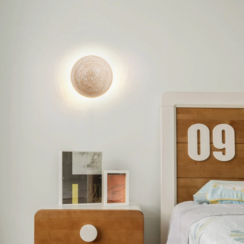 Yellow travertine wall lamp installed above wooden nightstand in contemporary bedroom with wooden headboard