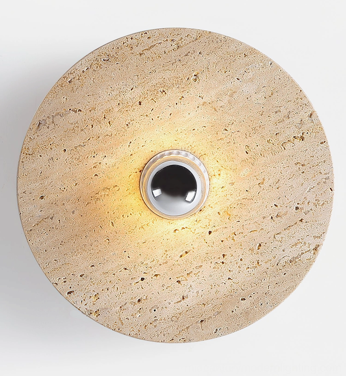 Contemporary hallway with travertine ceiling lamp warm neutral color palette and minimalist wall art display
