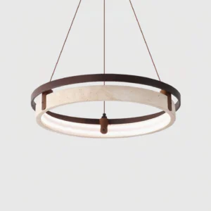 Close-up detail of travertine stone pendant lamp showing porous texture and dark walnut metal frame construction