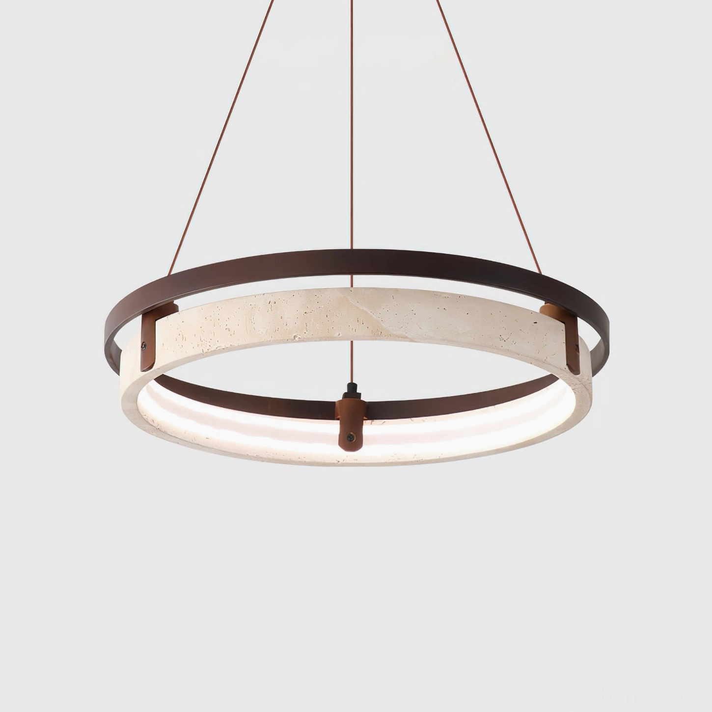 Close-up detail of travertine stone pendant lamp showing porous texture and dark walnut metal frame construction