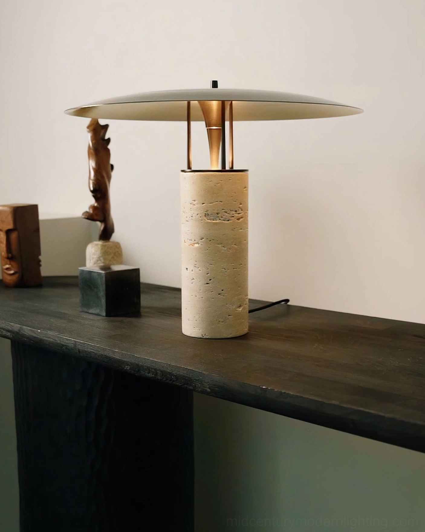 Travertine table lamp available in black and beige finishes, color options mid-century modern lighting