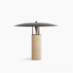 Travertine table lamp with minimalist metal frame on white background studio shot, mid-century modern lighting design