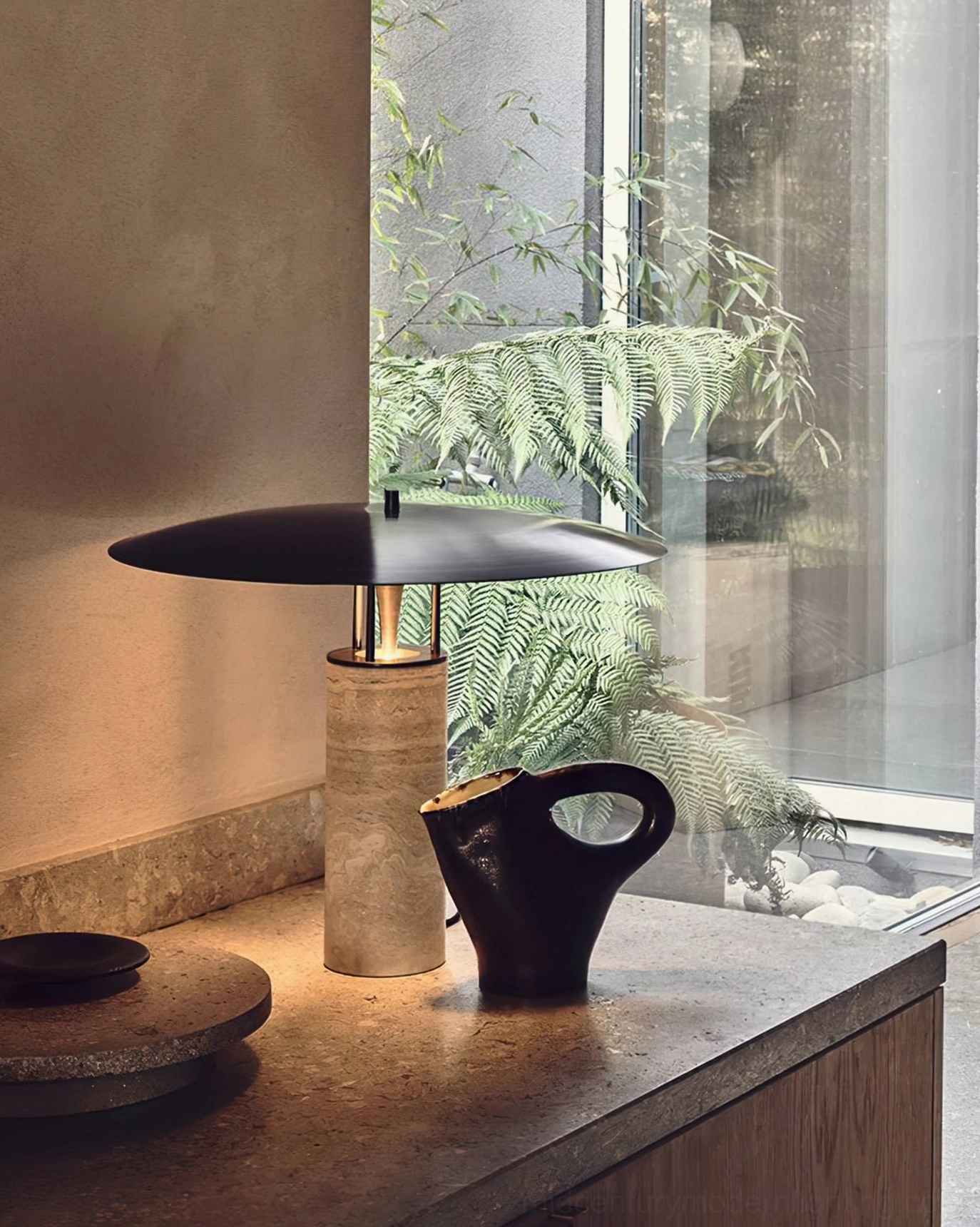 Travertine table lamp size comparison guide showing small and large diameter options for various spaces